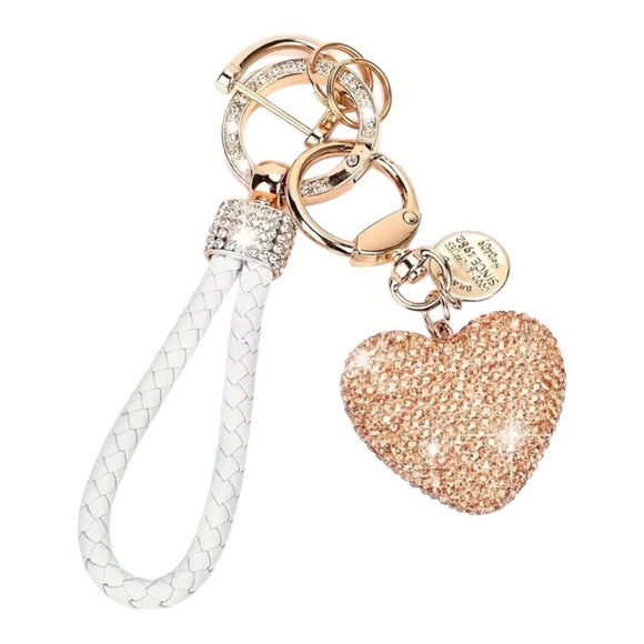 Sling Bag Beige, Quilted Faux Leather Coin Purse, Rhinestone Heart Keychain Set - Picture 6 of 15